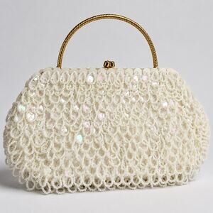 Vintage White Beaded Evening Bag Wedding Purse 1950s 1960s Hong Kong